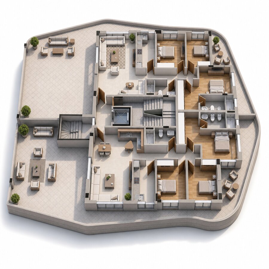 Plan 3D — étage avec grandes terrasses