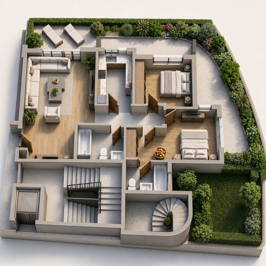 Plan 3D — appartement en rez-de-jardin