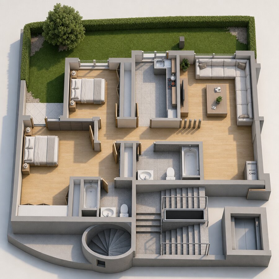 Plan 3D — rez-de-jardin avec pelouse
